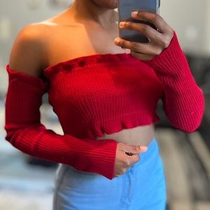 Pretty Little Thing Red Ruffle Detail Knit Barlot Long Sleeve Crop Top, US 6 M L